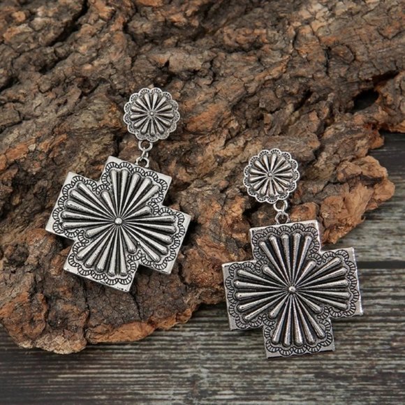 COPY - SILVER SOUTHWEST CROSS EARRINGS - Picture 1 of 5